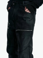 【26s May】Waxed Distressed Zip Panel Straight Denim Pants