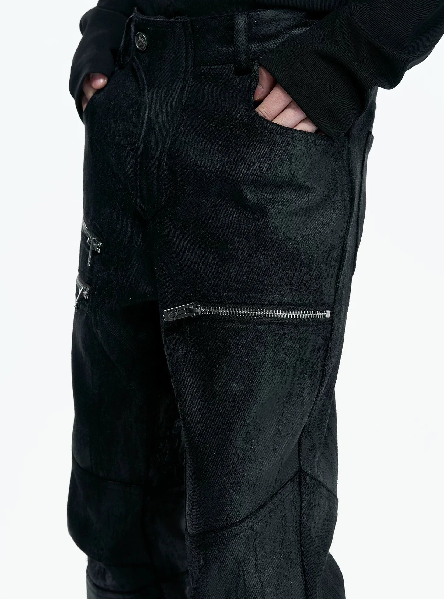 【26s May】Waxed Distressed Zip Panel Straight Denim Pants