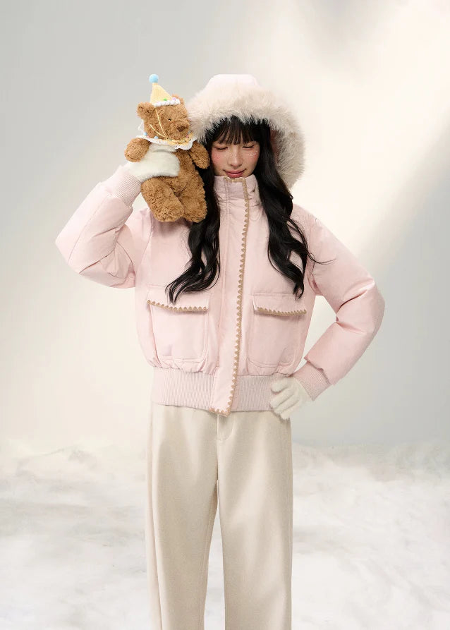 Snowflake Pastel Fur-Collar Down Jacket