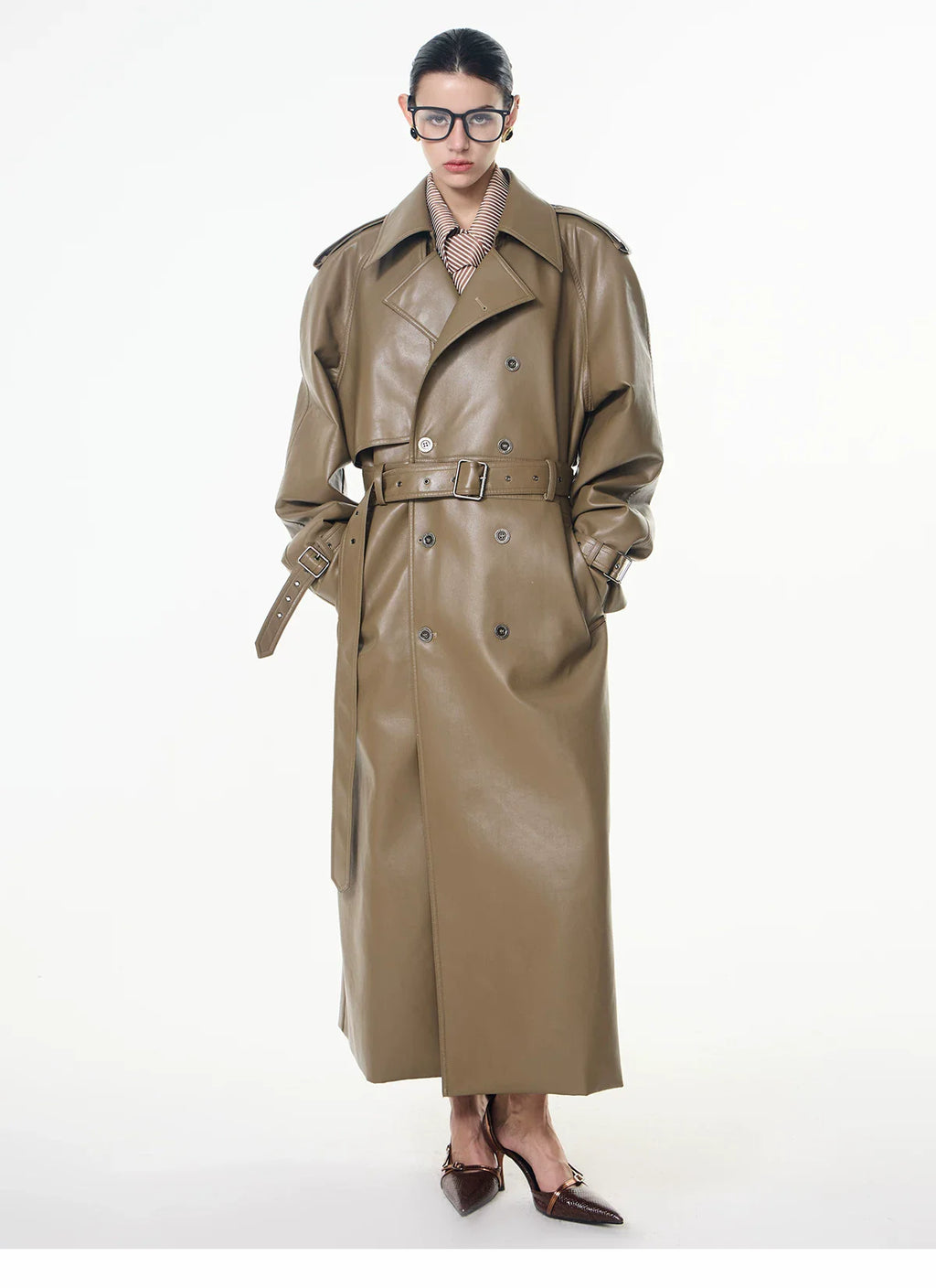 【26s May】Deconstructed PU Leather Double-Breasted Trench Coat
