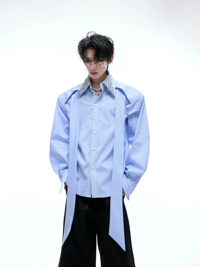 【25s Aug.】Diamond-embellished Ribbon-trimmed Shirt Main Image
