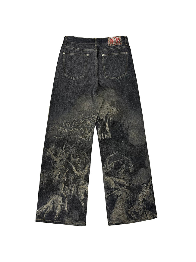 【26s May】Laser Burn Pattern Baggy Raw Denim Pants Main Image