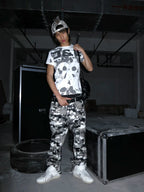 Waxed Camo Curved Flared Pants