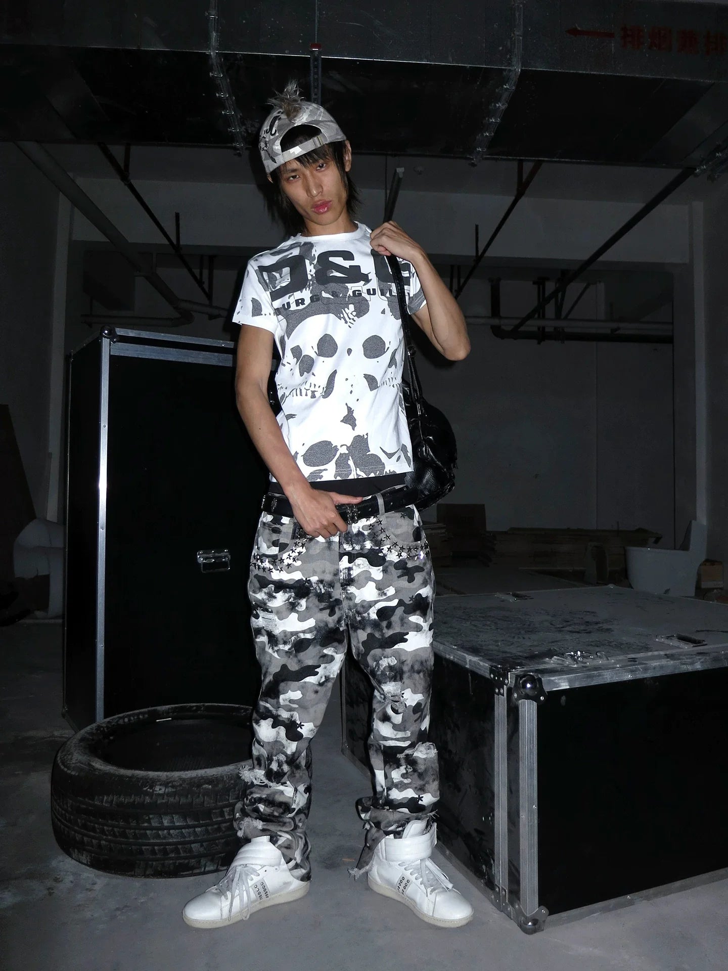 Waxed Camo Curved Flared Pants