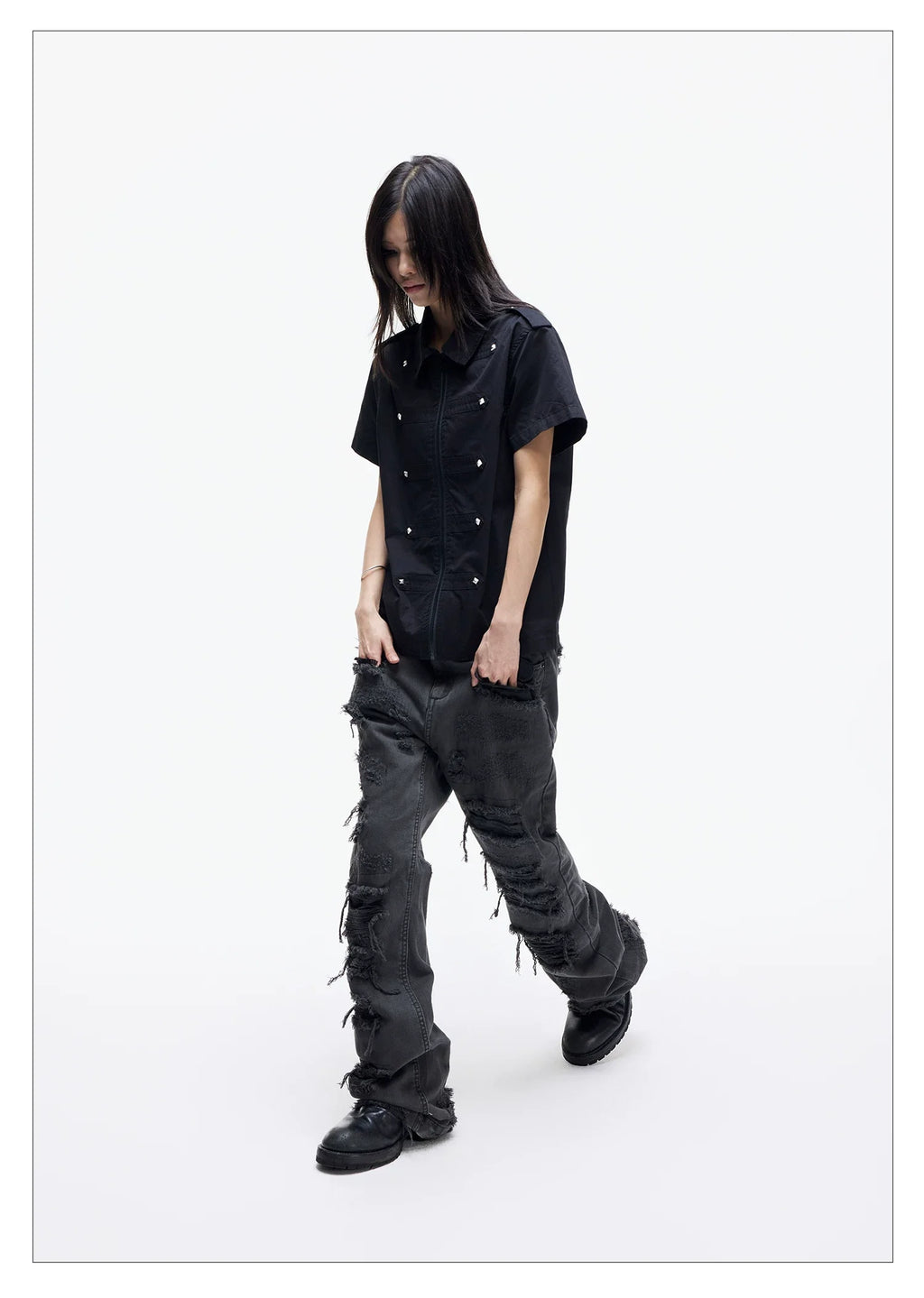 Distressed Raw Hem Slim Straight Jeans