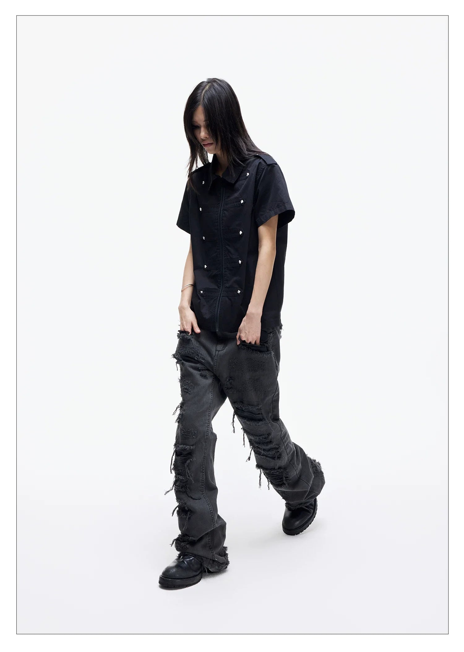 Distressed Raw Hem Slim Straight Jeans