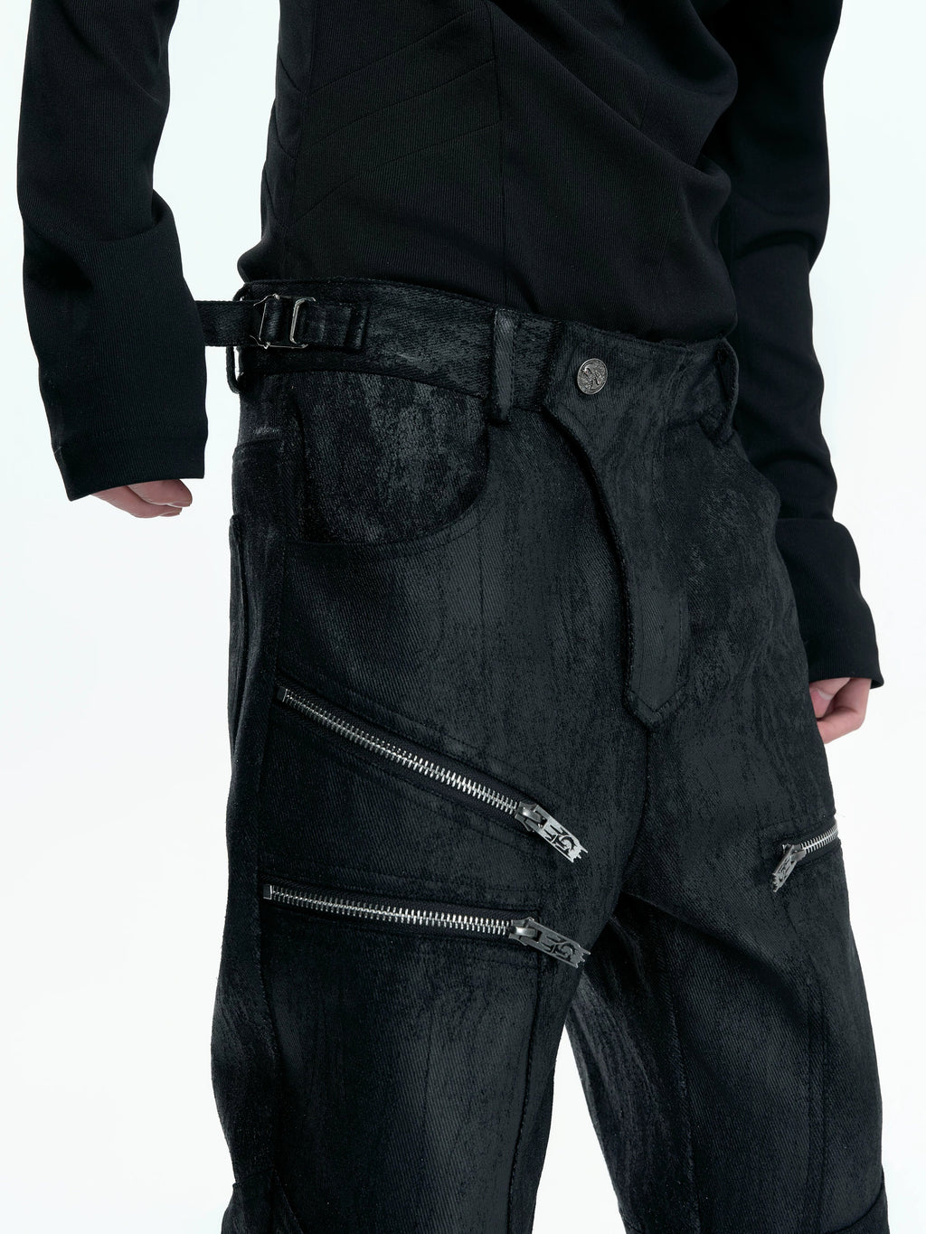 【26s May】Waxed Distressed Zip Panel Straight Denim Pants