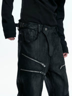 【26s May】Waxed Distressed Zip Panel Straight Denim Pants