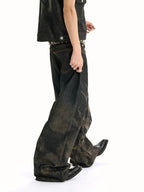 【26s May】Laser Burn Pattern Baggy Raw Denim Pants