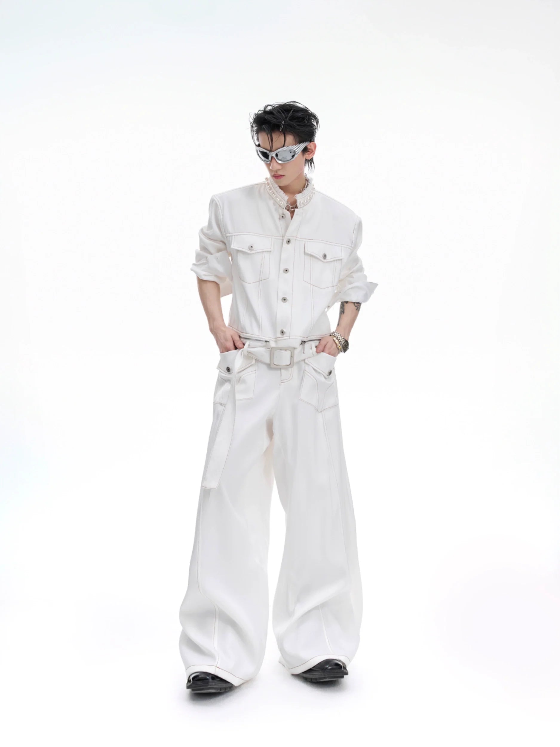 【26s Apr.】Pearl Embellishment Elegant Collarless Loose Denim Jacket / Jeans