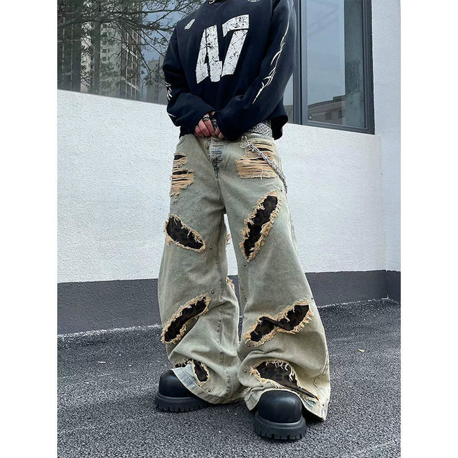 【Jun 25s.】Ripped Leopard Print Loose Wide Leg Jeans Hover Image
