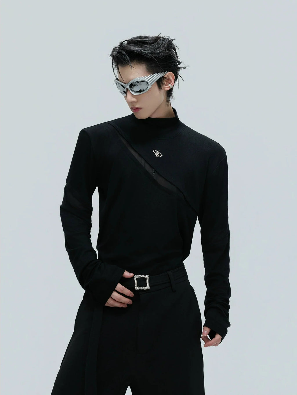 【25s Nov.】High-neck Deconstructed Base Layer High-elastic Metallic T-shirt