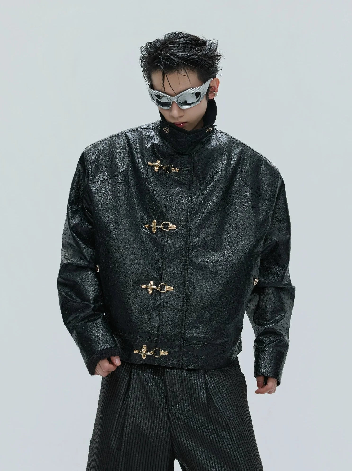 【25s Nov.】Ostrich Leather Aircraft Button Plush Leather Jacket