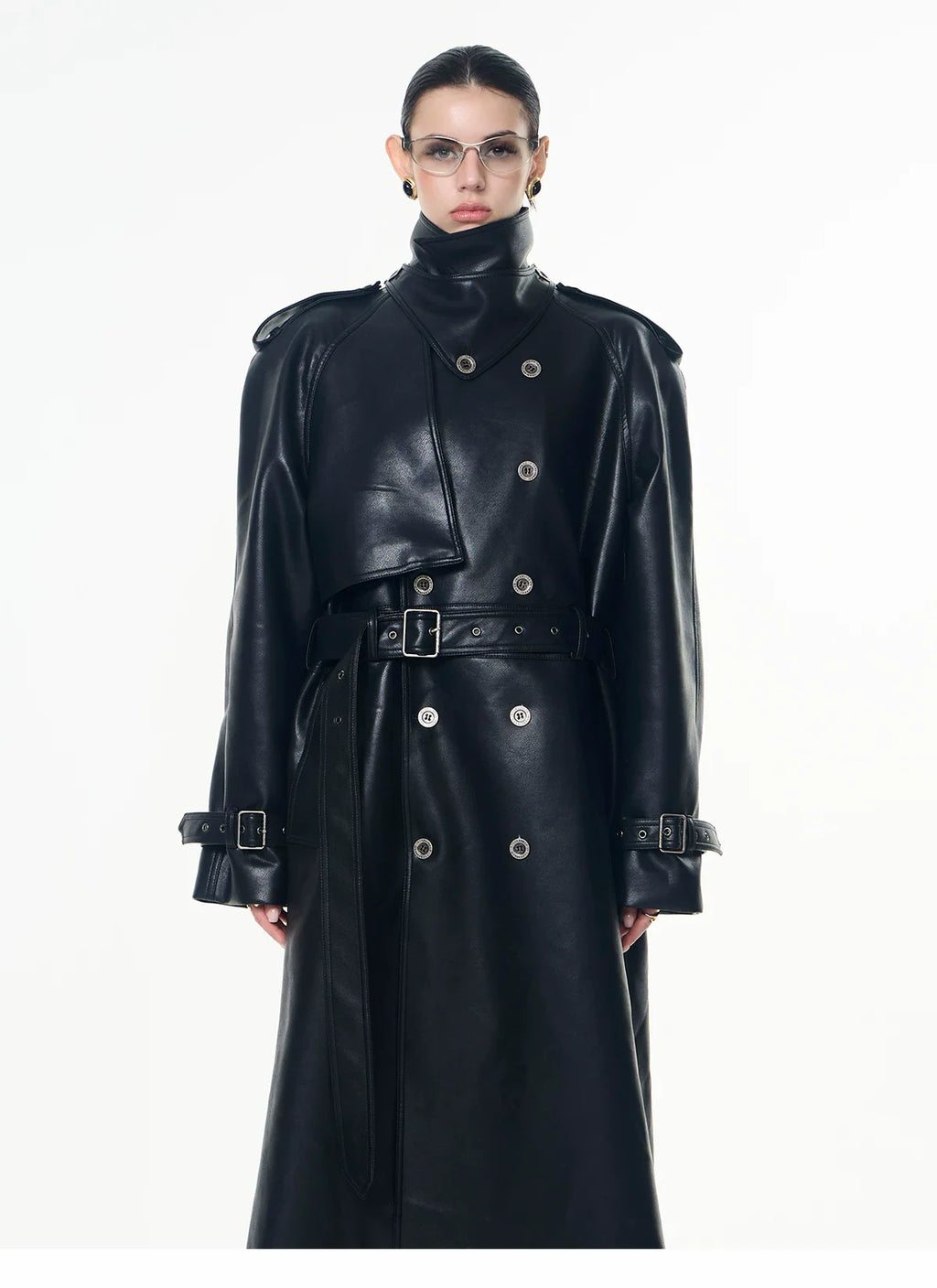 【26s May】Deconstructed PU Leather Double-Breasted Trench Coat