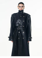 【26s May】Deconstructed PU Leather Double-Breasted Trench Coat