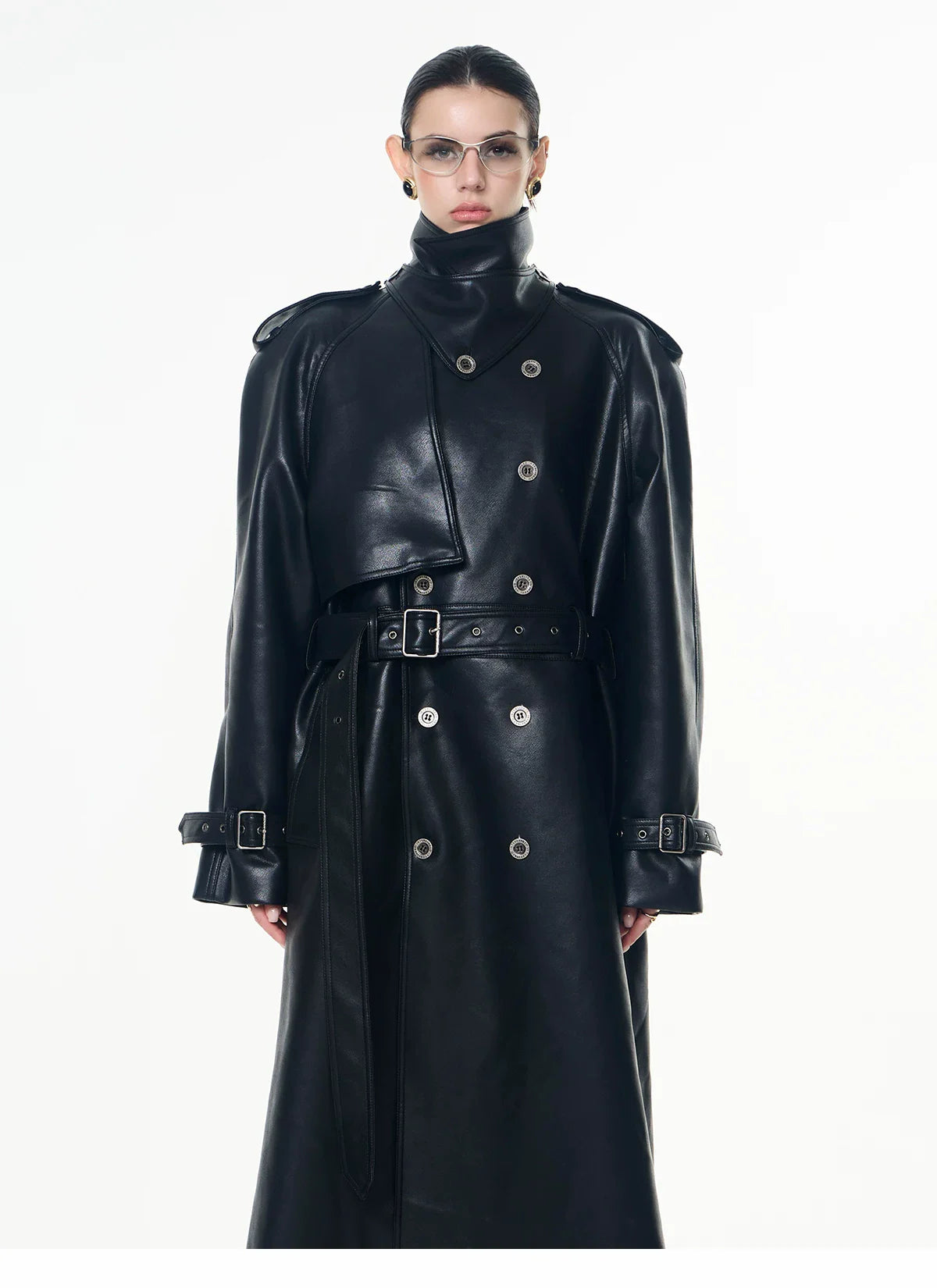 【26s May】Deconstructed PU Leather Double-Breasted Trench Coat