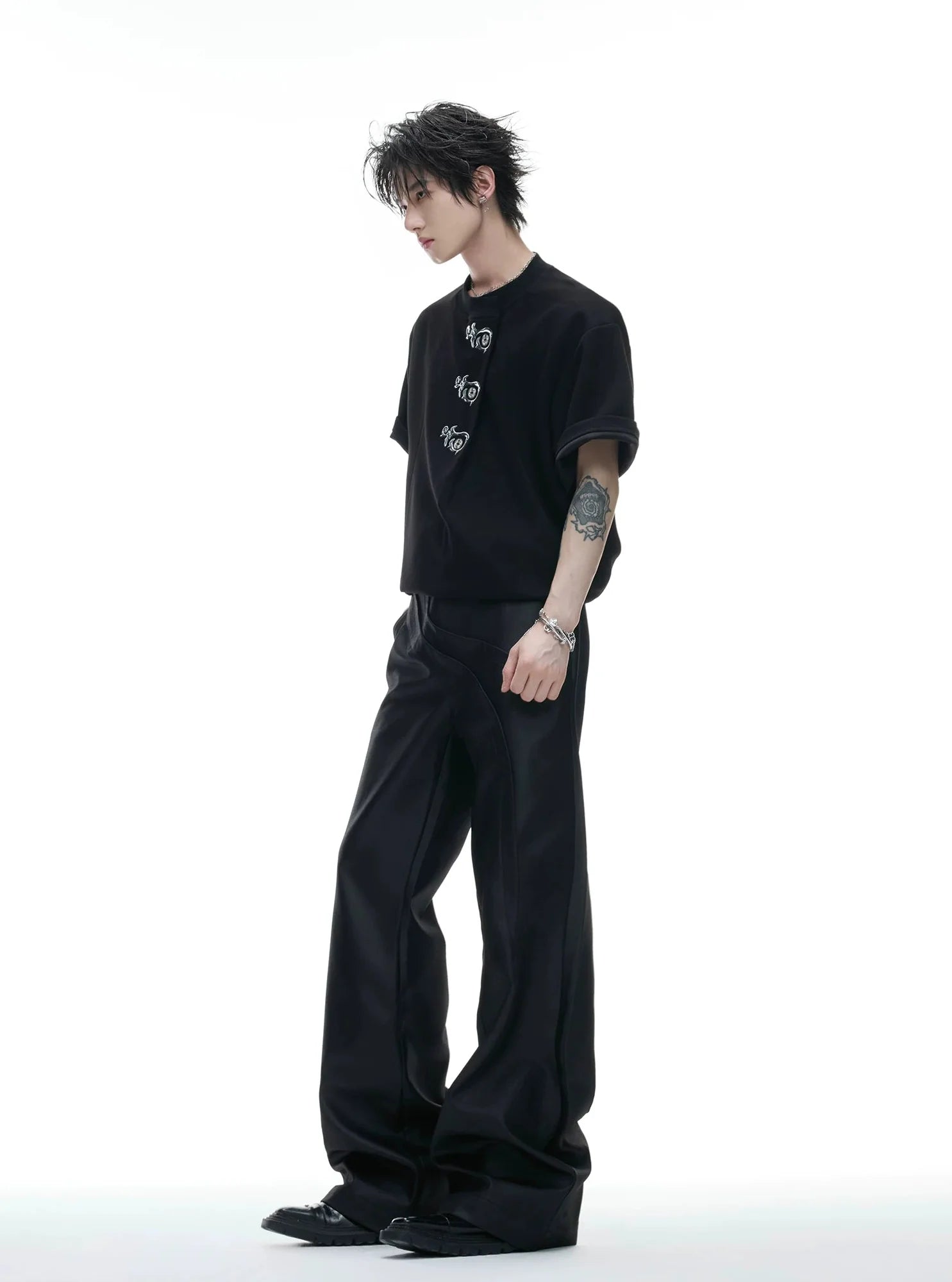 Asymmetric Placket Embroidered Tee