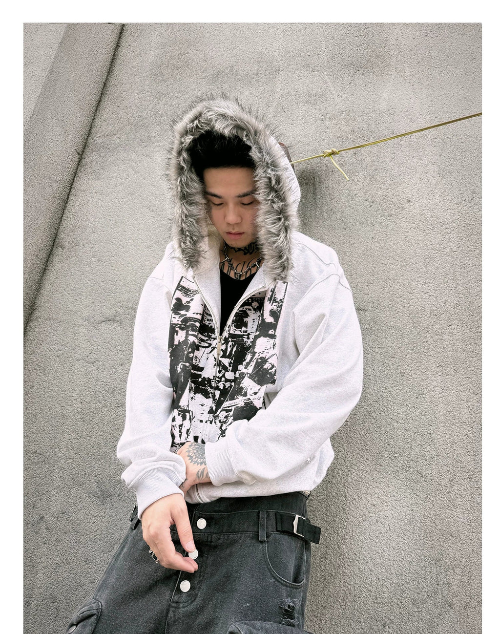 【26s Jan.】Vintage Printed Fur-Trim Zip-Up Hoodie Jacket