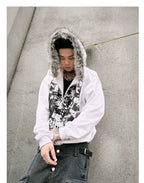 【26s Jan.】Vintage Printed Fur-Trim Zip-Up Hoodie Jacket