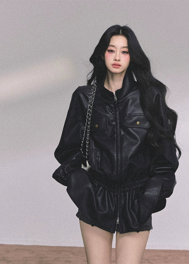 Noir Élégance Sculpted PU Moto Jacket Hover Image