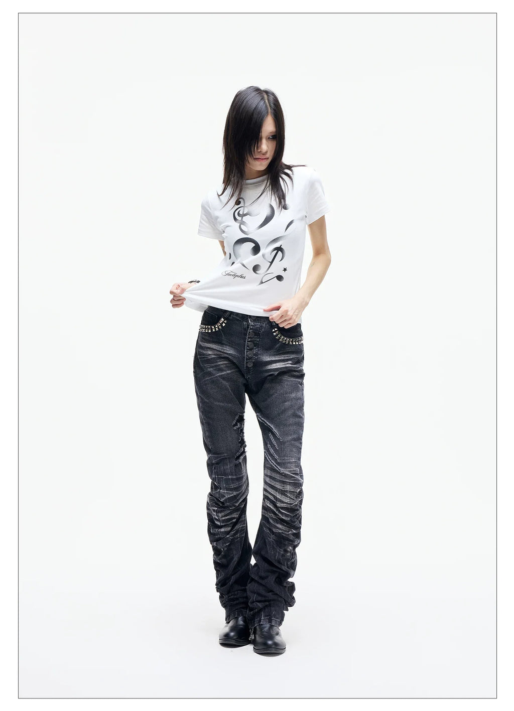 Ice Blue Studded Curved Skinny Jeans