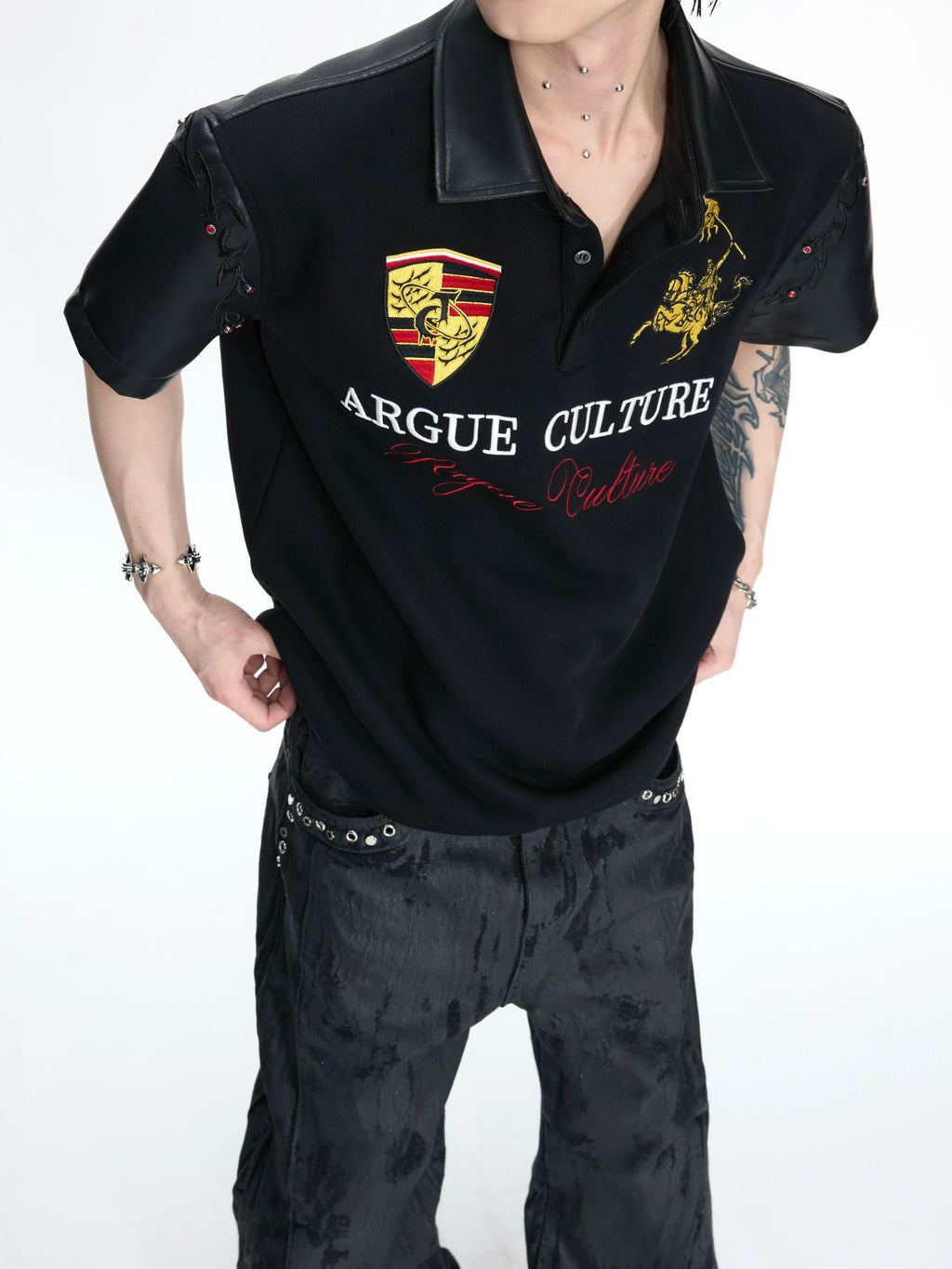 Leather Panel Studded Polo Tee