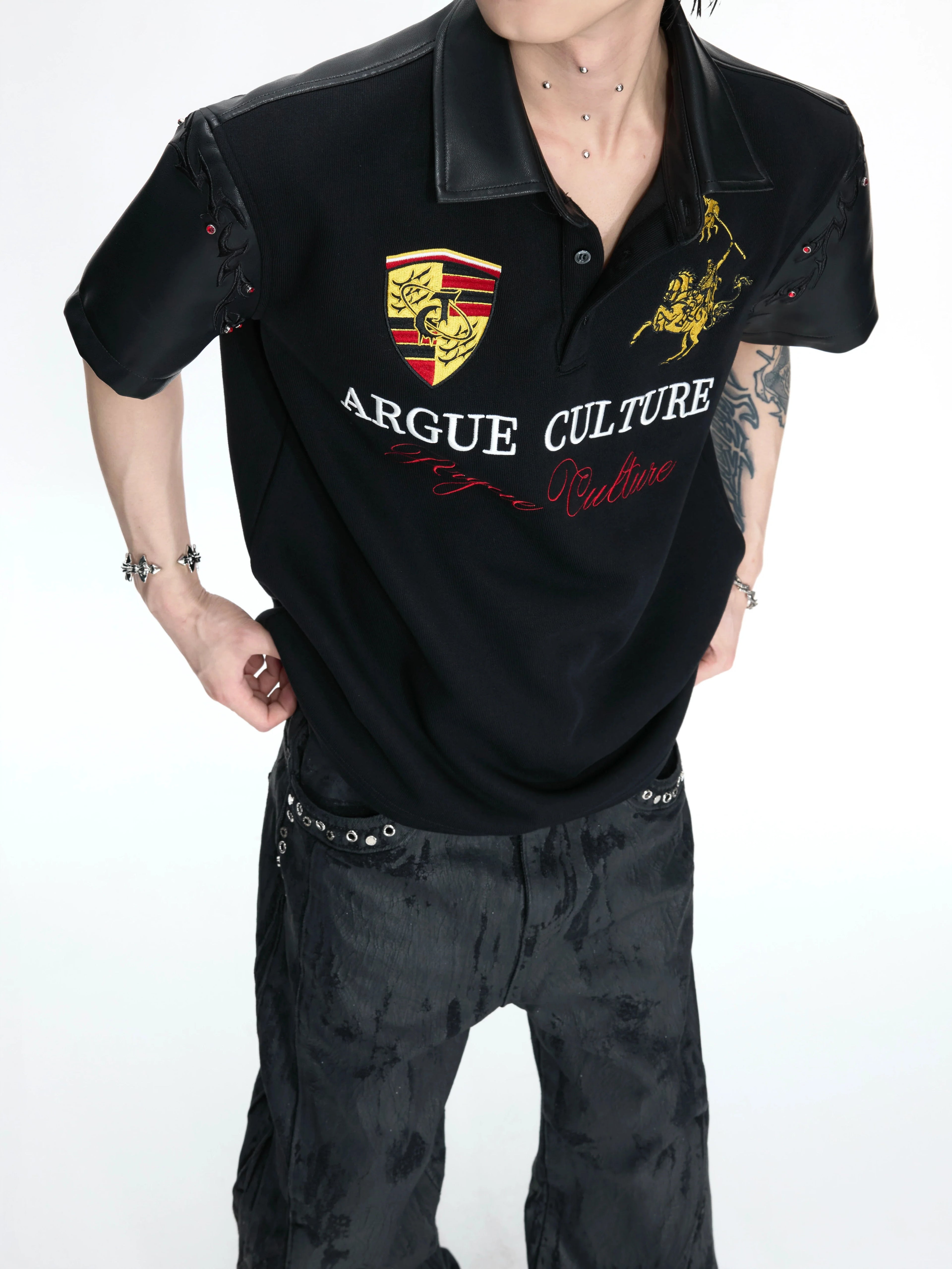 Leather Panel Studded Polo Tee