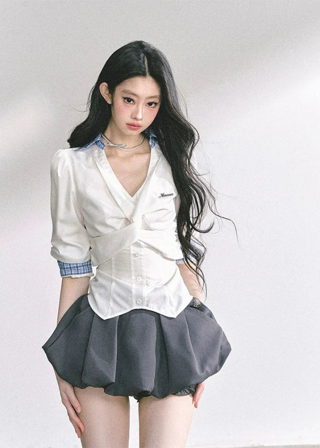 Siren Blanche Waist-Cinch V-Neck Blouse