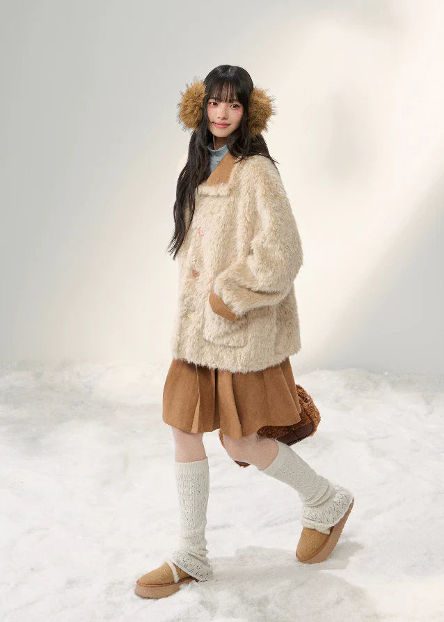 Sugar Suede Fluff Patchwork Lapel Coat