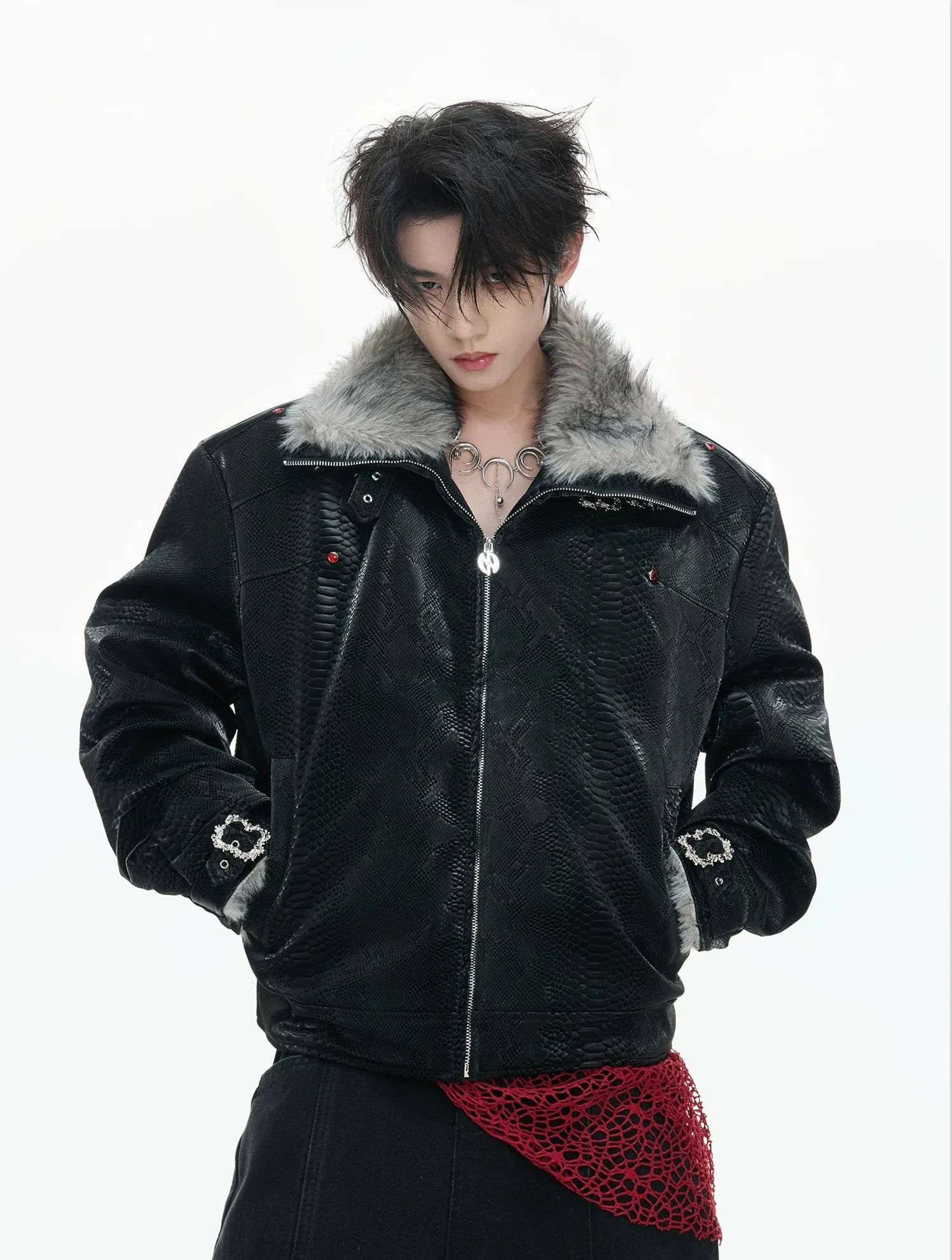 【26s Jan.】Black Python Textured Eagle Down Leather Jacket