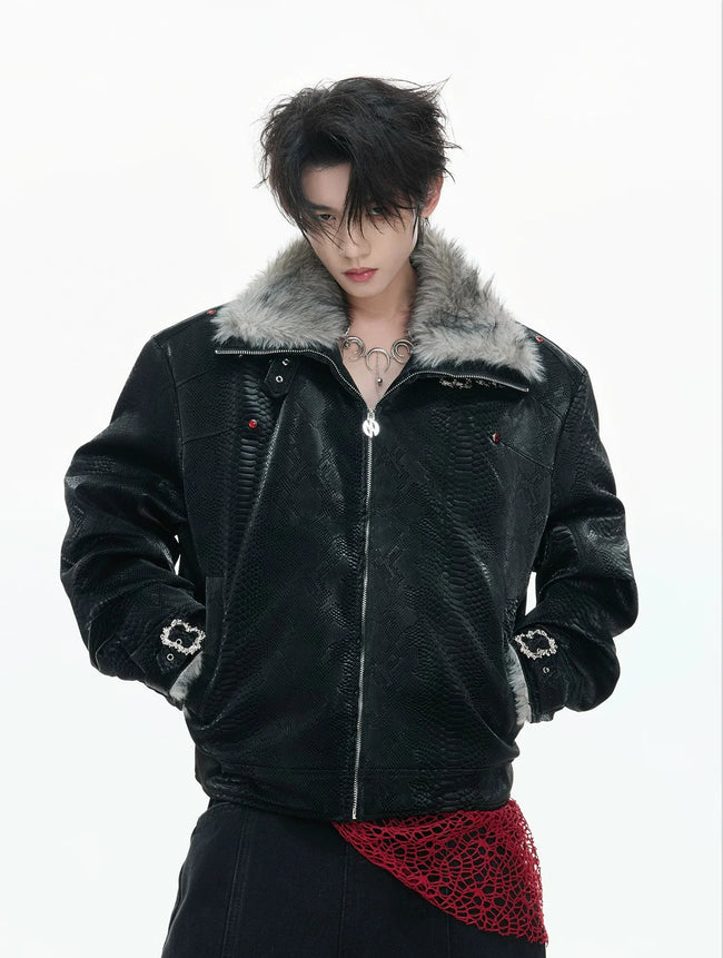 【26s Jan.】Black Python Textured Eagle Down Leather Jacket Main Image