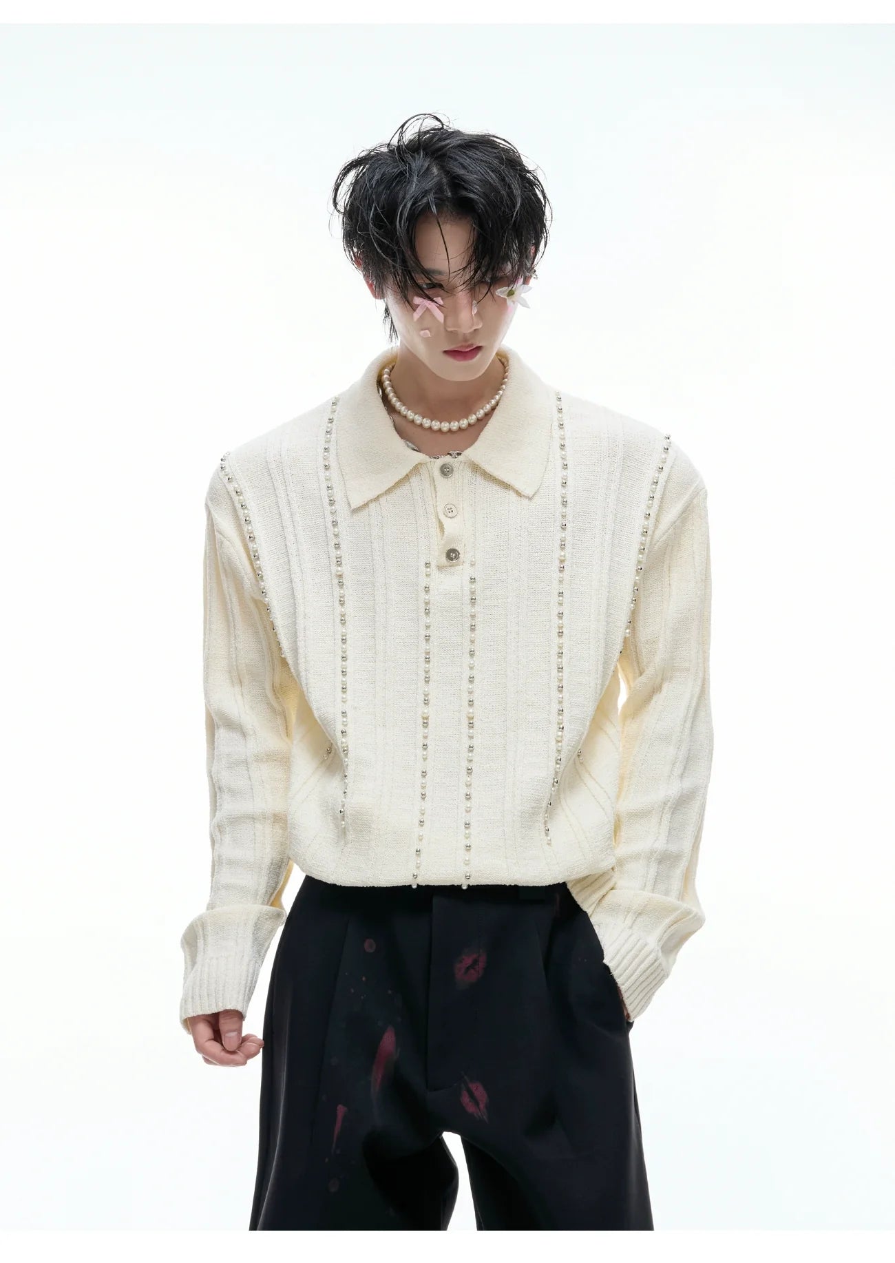 【25s Aug.】Pearl-Embellished Knit Polo Shirt