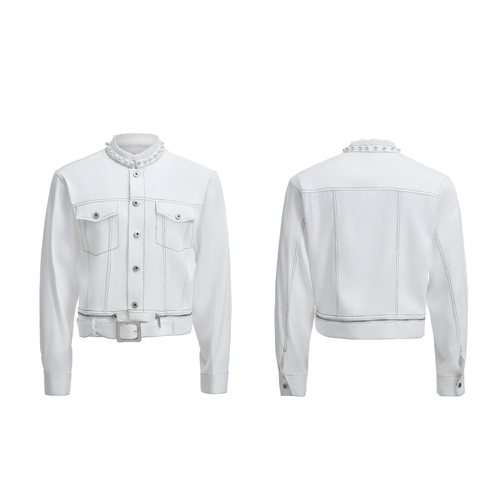 【26s Apr.】Pearl Embellishment Elegant Collarless Loose Denim Jacket / Jeans