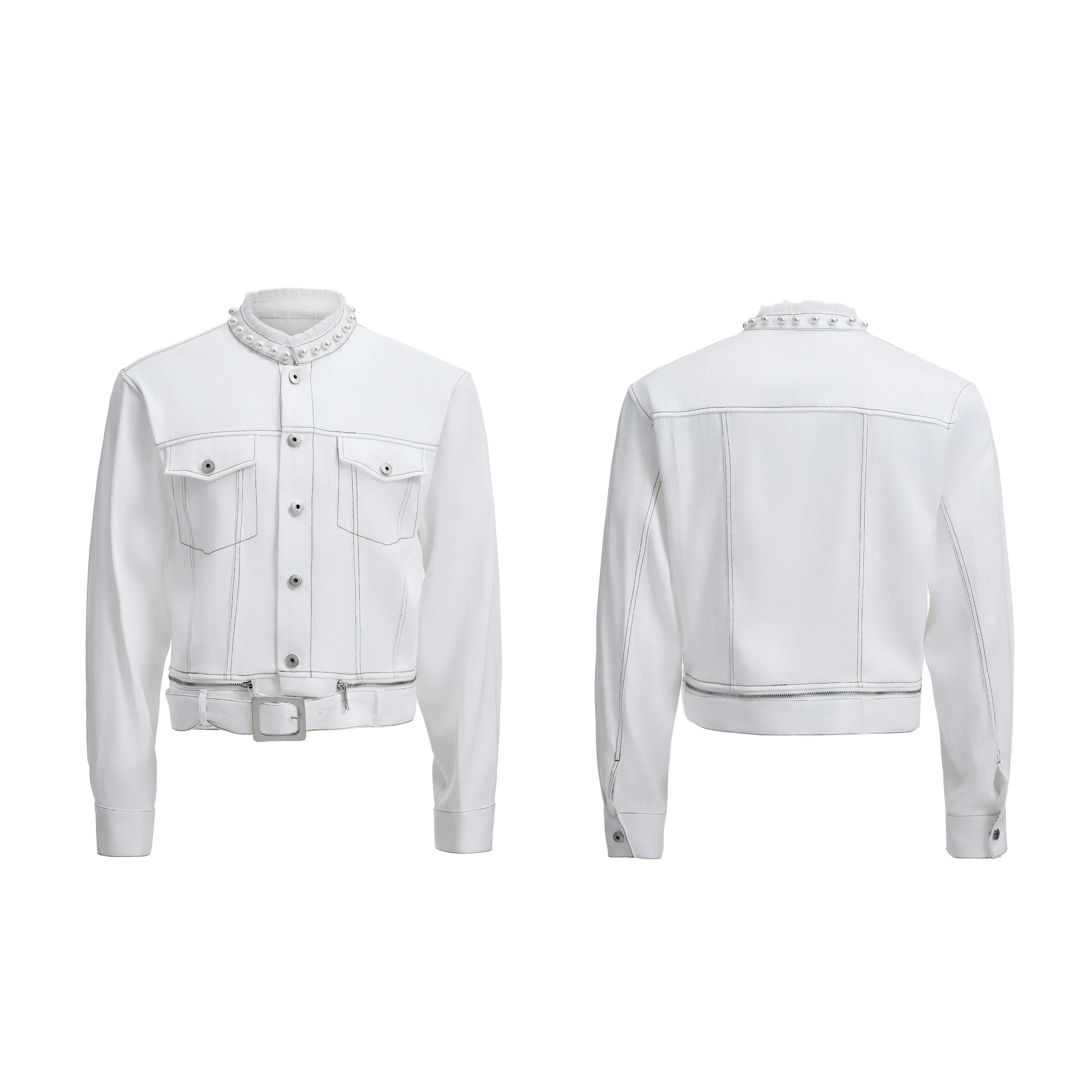 【26s Apr.】Pearl Embellishment Elegant Collarless Loose Denim Jacket / Jeans