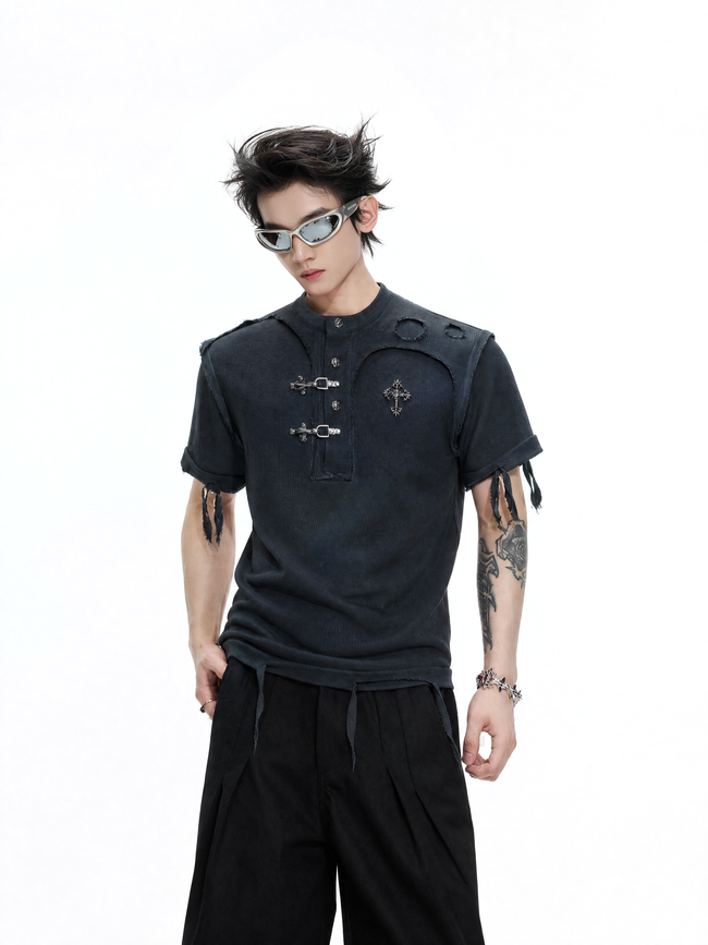 Distressed Rib Texture Henley Tee Main Image