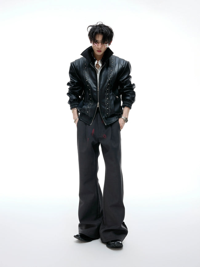 【25s Aug.】Embroidered Cropped Leather Jacket Hover Image