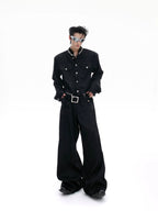 【26s Apr.】Pearl Embellishment Elegant Collarless Loose Denim Jacket / Jeans