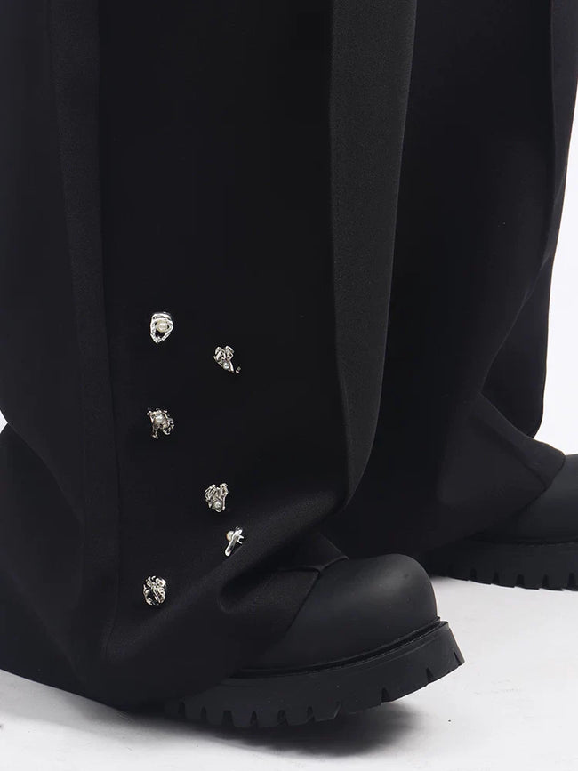 【26s May.】Metal Detail Patchwork Wide-Leg Black Pants Main Image