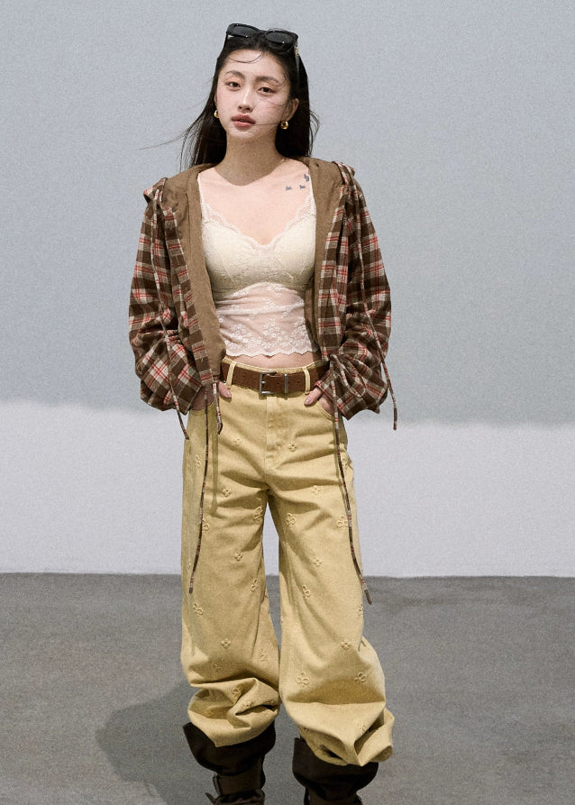 Veins of Autumn Leaves  Embossed Cotton Wide-Leg Jeans Main Image