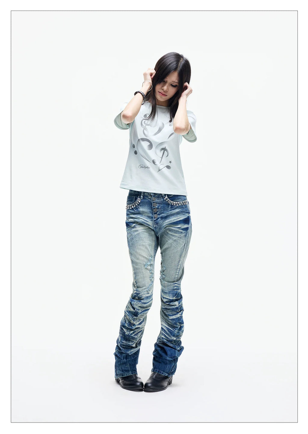 Ice Blue Studded Curved Skinny Jeans