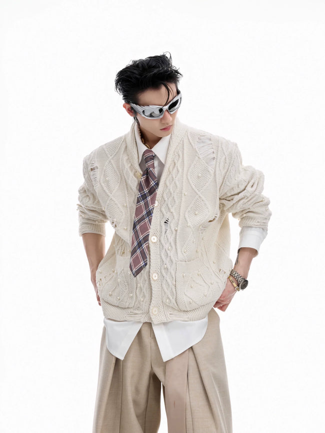 【25s Aug.】Pearl Detail Knit Hollow-Out Cardigan Hover Image
