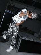 Waxed Camo Curved Flared Pants