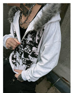 【26s Jan.】Vintage Printed Fur-Trim Zip-Up Hoodie Jacket
