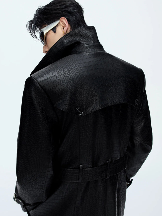 【25s Sep.】Deconstructed Crocodile-effect Metal Buttons Leather Coat Main Image