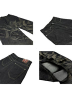 【26s May】Laser Burn Pattern Baggy Raw Denim Pants