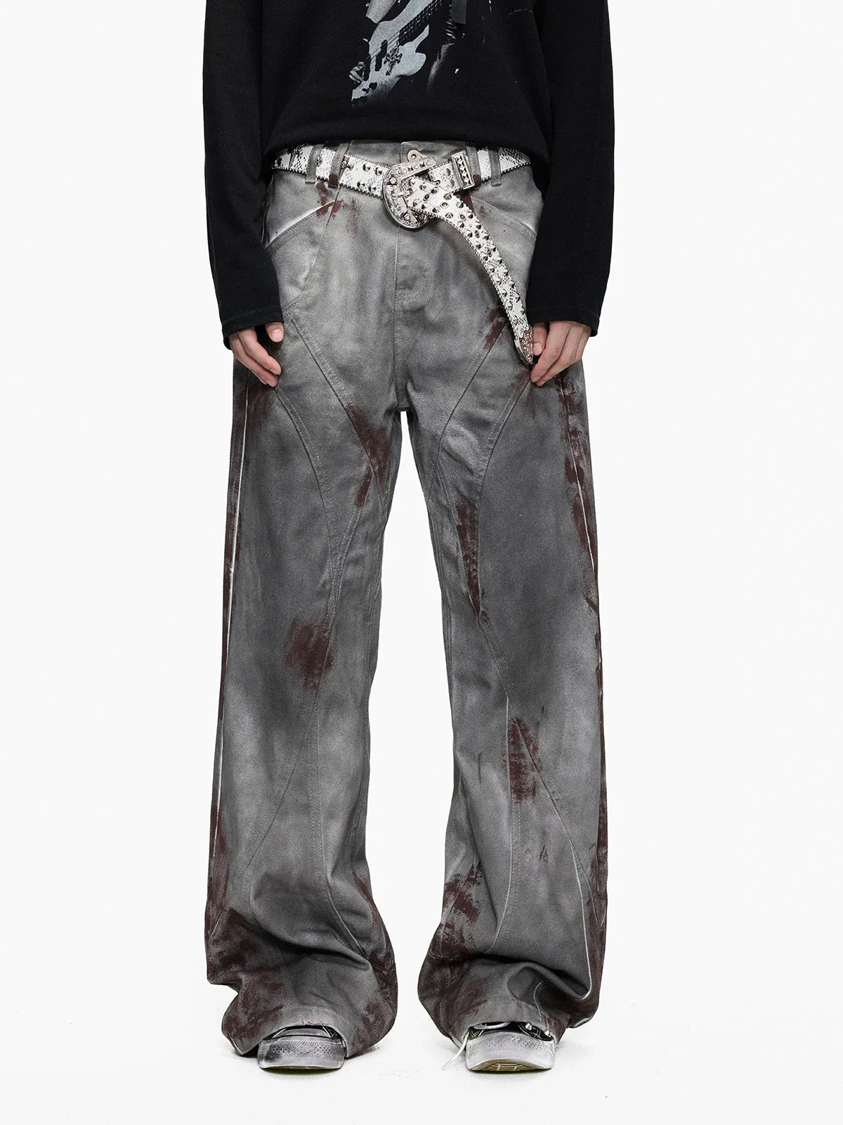 Blood Wash Distressed Flared Denim Jeans