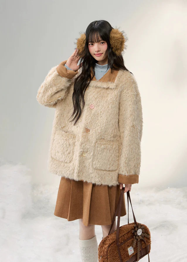 Sugar Suede Fluff Patchwork Lapel Coat