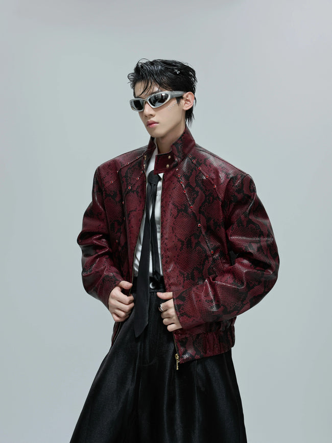 【25s Oct.】Python Textured Leather Fashion Jacket Hover Image