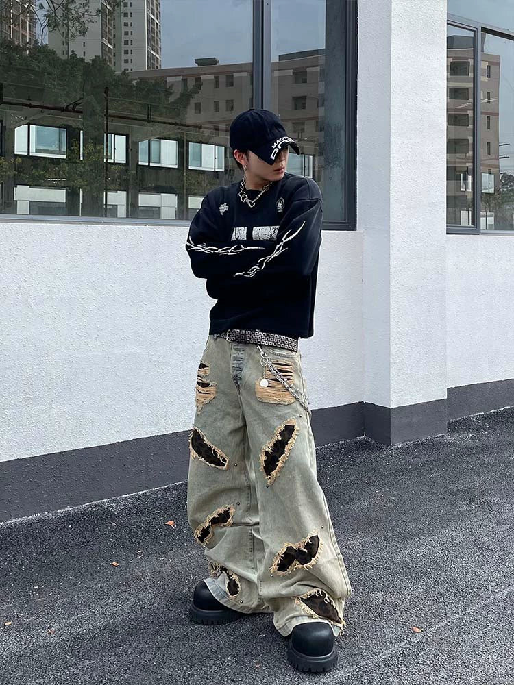 【Jun 25s.】Ripped Leopard Print Loose Wide Leg Jeans