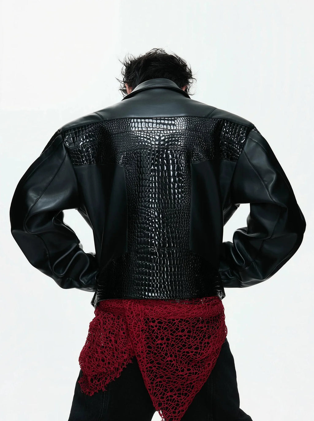 【26s Feb.】Deconstructed Croc-Embossed Asymmetric Zip Leather Jacket